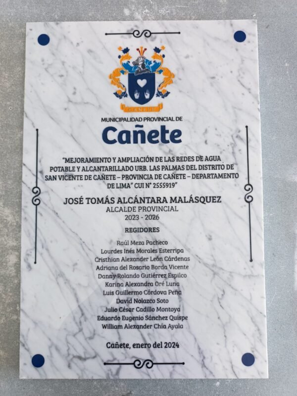 Placa de Inauguración de Mármol Carrara